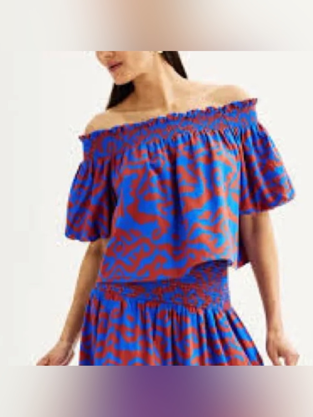 Nine West Blue and Rust Off-the-Shoulder Crop Top